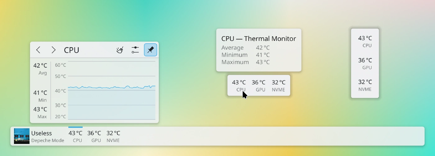 Plasmoid on the panel and desktop, with popup shown